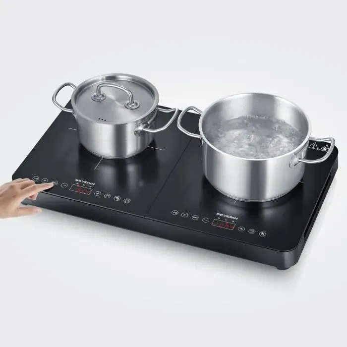 Severin Plaque de cuisson à induction posable DK9194 - 2 foyers vitrocéramiques, 10 niveaux de puissance, 3400W, commande tactile, minuteur