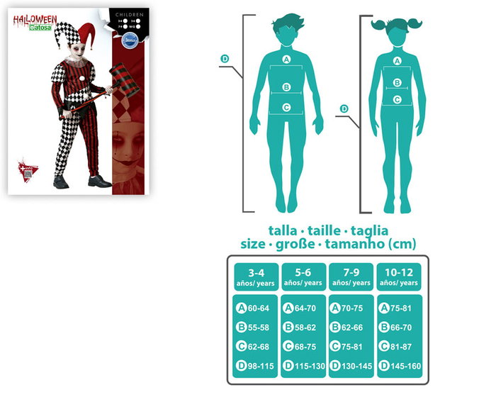 Déguisement Arlequin Enfant avec Combinaison Rayures et Carrés Contrastés, Bonnet Rouge et Noir pour Garçon 10-12 Ans