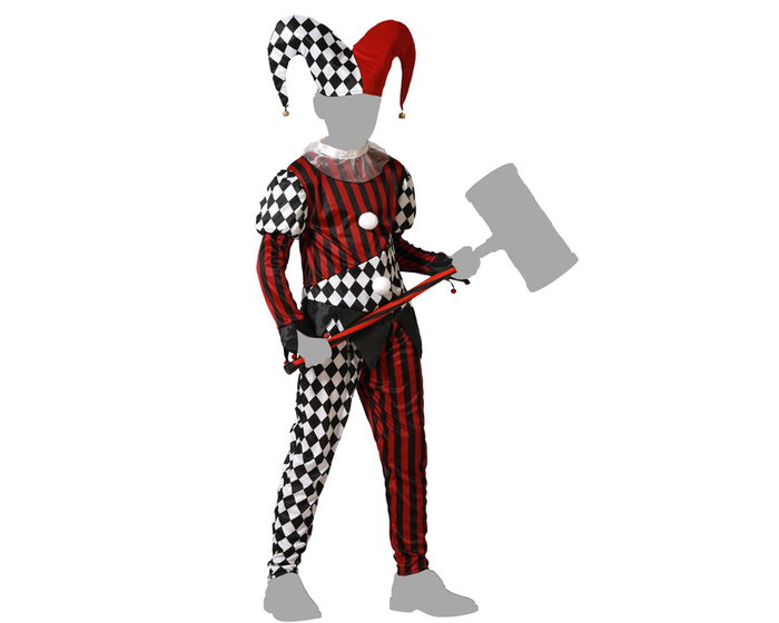 Déguisement Arlequin Enfant avec Combinaison Rayures et Carrés Contrastés, Bonnet Rouge et Noir pour Garçon 10-12 Ans