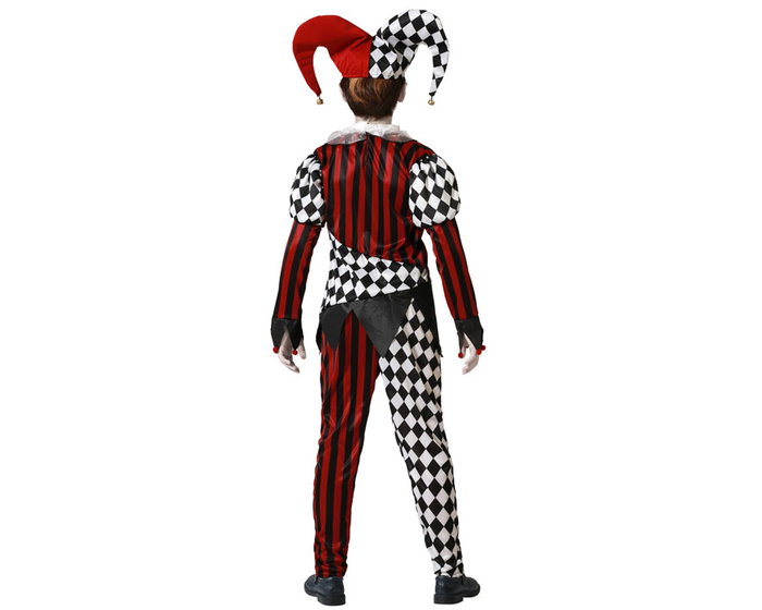 Déguisement Arlequin Enfant avec Combinaison Rayures et Carrés Contrastés, Bonnet Rouge et Noir pour Garçon 10-12 Ans