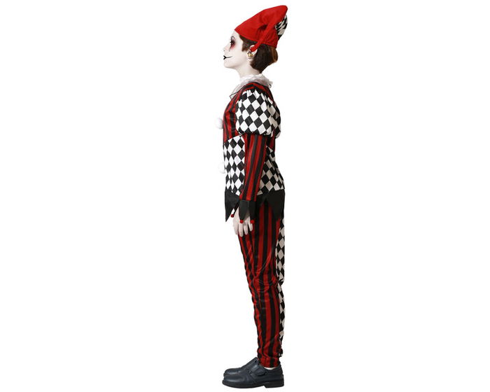 Déguisement Arlequin Enfant avec Combinaison Rayures et Carrés Contrastés, Bonnet Rouge et Noir pour Garçon 10-12 Ans