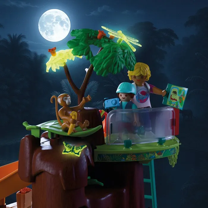 Playmobil 72071 Zoo : Au coeur de la jungle - Set avec décors tropicaux, arbre central, lianes, toboggan, barque et animaux sauvages