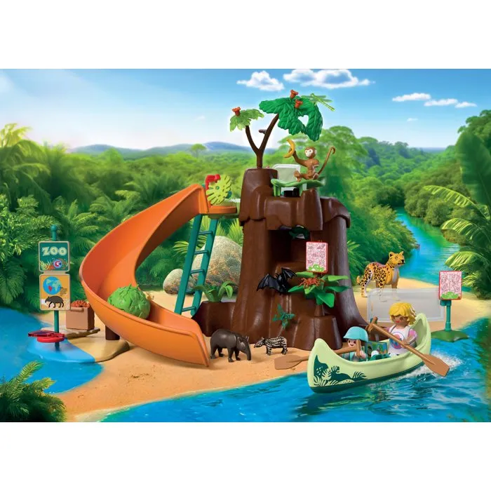 Playmobil 72071 Zoo : Au coeur de la jungle - Set avec décors tropicaux, arbre central, lianes, toboggan, barque et animaux sauvages