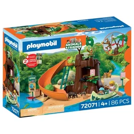 Playmobil 72071 Zoo : Au coeur de la jungle - Set avec décors tropicaux, arbre central, lianes, toboggan, barque et animaux sauvages