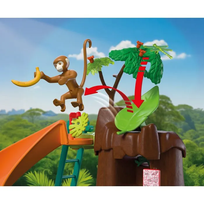 Playmobil 72071 Zoo : Au coeur de la jungle - Set avec décors tropicaux, arbre central, lianes, toboggan, barque et animaux sauvages