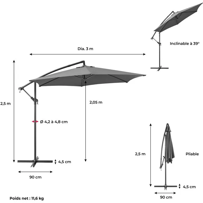 AUREA Parasol déporté Ø 3 m - Structure aluminium avec toile polyester 180 g/m² - Gris AUREA Parasol déporté Ø 3 m - Structure aluminium avec toile polyester 180 g/m² - Gris