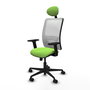 Chaise Zulema Synchro 3 positions tissu Vert pistache Maille Blanc Base en nylon noir Accoudoir 2D Appui-tête Roulettes 65mm nylon