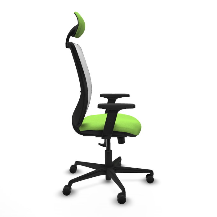 Chaise Zulema Synchro 3 positions tissu Vert pistache Maille Blanc Base en nylon noir Accoudoir 2D Appui-tête Roulettes 65mm nylon Chaise Zulema Synchro 3 positions tissu Vert pistache Maille Blanc Base en nylon noir Accoudoir 2D Appui-tête Roulettes 65mm nylon