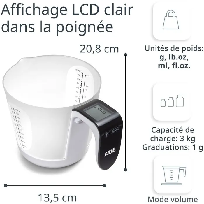 ADE - Balance Cuisine Numérique avec Pichet Doseur Gradué Amovible, Capacité 3 kg / 1 L, Précision au Gramme, Écran LCD, Fonction Tare, Piles CR2032 Incluses ADE - Balance Cuisine Numérique avec Pichet Doseur Gradué Amovible, Capacité 3 kg / 1 L, Précision au Gramme, Écran LCD, Fonction Tare, Piles CR2032 Incluses