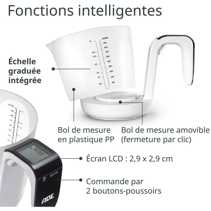ADE - Balance Cuisine Numérique avec Pichet Doseur Gradué Amovible, Capacité 3 kg / 1 L, Précision au Gramme, Écran LCD, Fonction Tare, Piles CR2032 Incluses ADE - Balance Cuisine Numérique avec Pichet Doseur Gradué Amovible, Capacité 3 kg / 1 L, Précision au Gramme, Écran LCD, Fonction Tare, Piles CR2032 Incluses