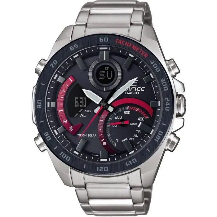 Casio ECB-900DB-1AER Montre connectée Bluetooth solaire en acier inoxydable noir, boîtier 51,5 mm, étanche 10 barres, chronographe, alarmes