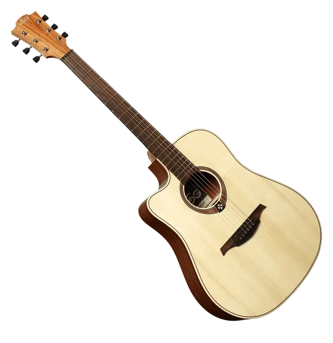 LAG Guitare électro-acoustique Folk Dreadnought Cutaway Natural pour gaucher, table épicéa massif, corps acajou, chevalet BrankoWood