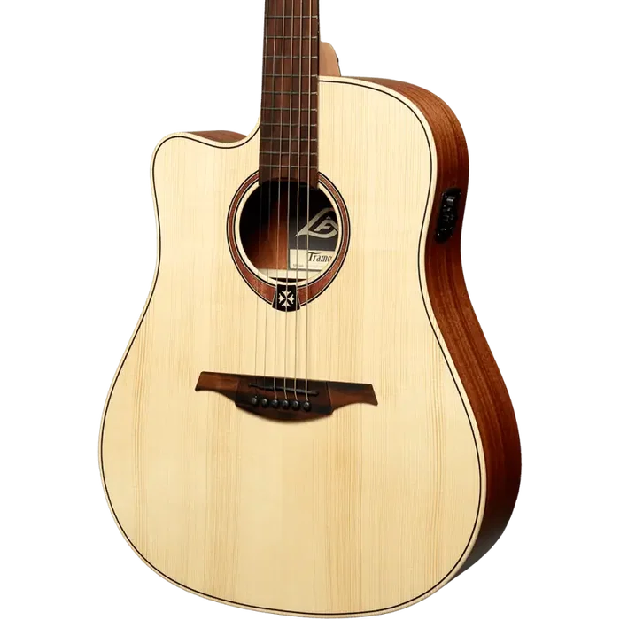 LAG Guitare électro-acoustique Folk Dreadnought Cutaway Natural pour gaucher, table épicéa massif, corps acajou, chevalet BrankoWood
