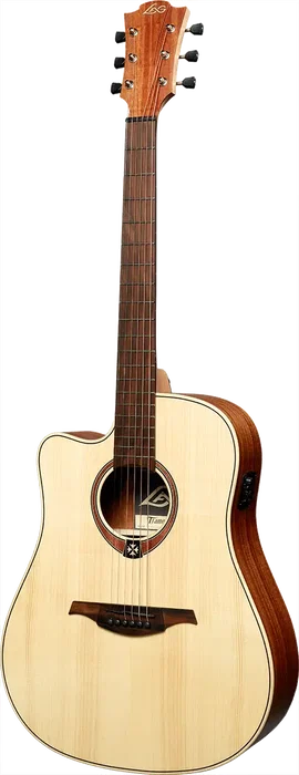 LAG Guitare électro-acoustique Folk Dreadnought Cutaway Natural pour gaucher, table épicéa massif, corps acajou, chevalet BrankoWood