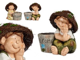 Ibergarden Enfant en polirésine avec chapeau et jardinière Welcome assortis 22x33x32 cm (Set de 2)
