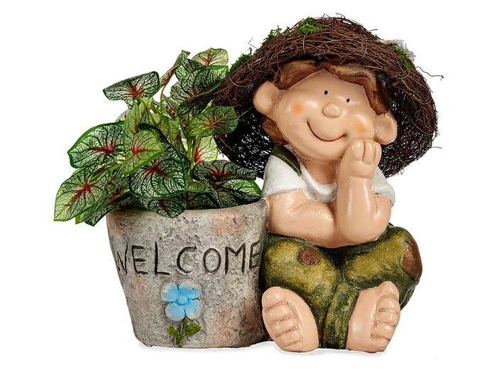 Ibergarden Enfant en polirésine avec chapeau et jardinière Welcome assortis 22x33x32 cm (Set de 2)