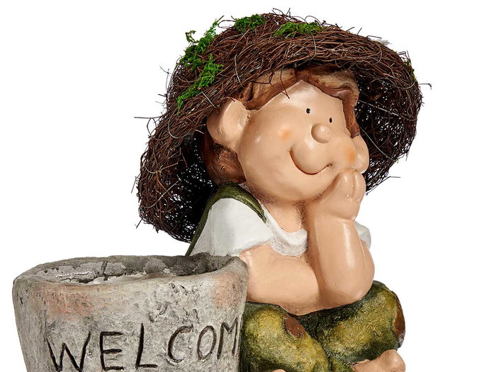 Ibergarden Enfant en polirésine avec chapeau et jardinière Welcome assortis 22x33x32 cm (Set de 2)
