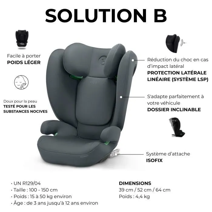 Cybex Siège auto Solution B i-Fix - 3 à 12 ans (15-50 kg, 100-150 cm) - Dossier réglable 12 positions, protection latérale, système ISOFIX - Gris