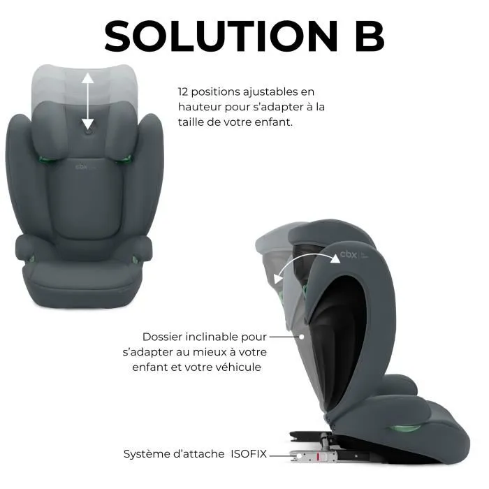 Cybex Siège auto Solution B i-Fix - 3 à 12 ans (15-50 kg, 100-150 cm) - Dossier réglable 12 positions, protection latérale, système ISOFIX - Gris