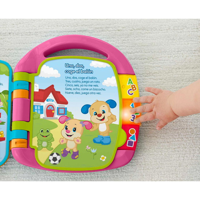 Fisher-Price Livre interactif d'apprentissage avec chansons enfantines - 3 boutons lumineux et sonores, anse de transport - Version espagnole - DLF23 - Rose