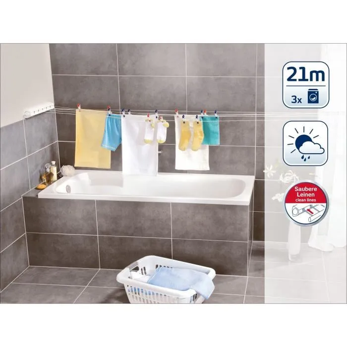 Leifheit Rollfix 210 Longline 83040 Sèchoir à linge mural 5 fils extensibles 4.20 m, 21 m d'étendage pour intérieur et extérieur, blanc