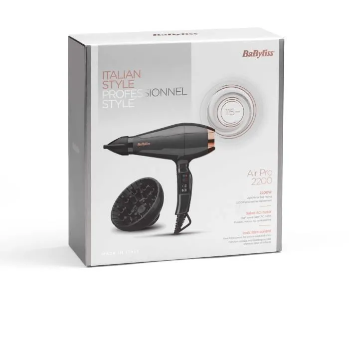 BaByliss 6719DE Sèche-Cheveux Pro 2200 W Air Pro Ionique, 2 Températures/Vitesses, Concentrateurs, Diffuseur, Séchage Puissant 115 km/h, Garantie 5 Ans