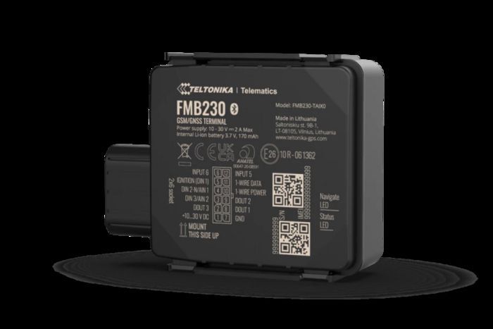 Teltonika Tracker GPS FMB230 avec Bluetooth, entrées numériques/analogiques, batterie de secours et résistance IP67 - Traqueur pour marché mondial Teltonika Tracker GPS FMB230 avec Bluetooth, entrées numériques/analogiques, batterie de secours et résistance IP67 - Traqueur pour marché mondial