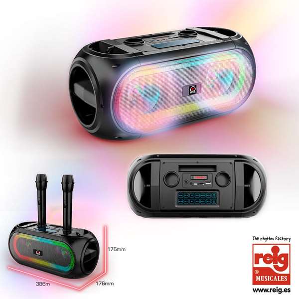 Reig - Système audio avec Bluetooth, radio FM, 2 microphones sans fil, écran, entrée AUX et port USB