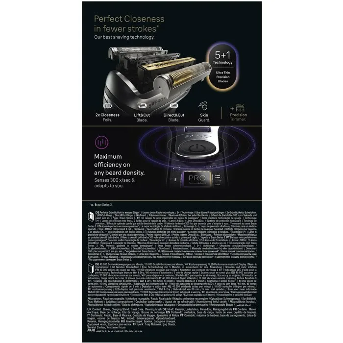 Braun Series 9 9610s Rasoir électrique Homme Noir - 5+1 éléments de rasage - Autonomie 60 min - Recharge secteur 240 V - Peaux sensibles