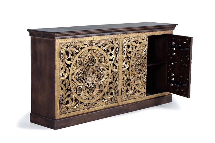 GINER Y COLOMER Aparador Buffet en Bois de Mango Sculpté avec Pan de Oro, Noir Doré et Noyer