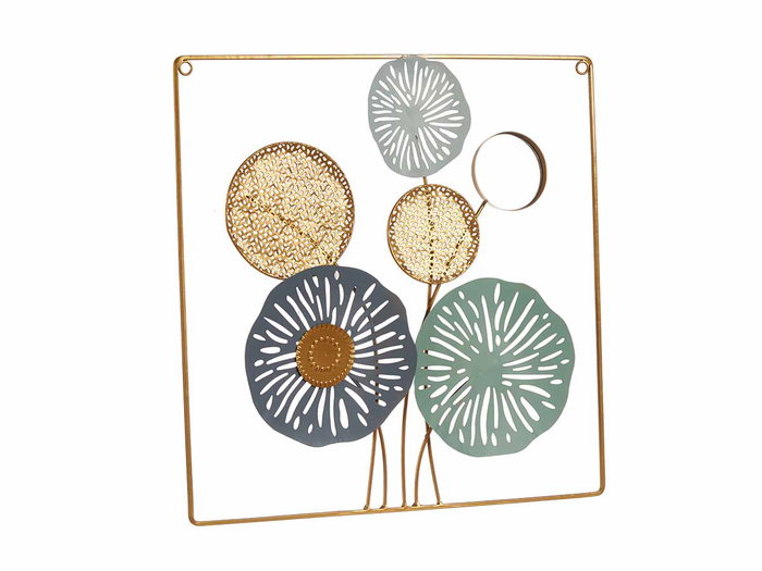Giftdecor Mural Cadre Carré Fleurs et Miroir Métal Verre 45x45x2 cm (Set de 4)