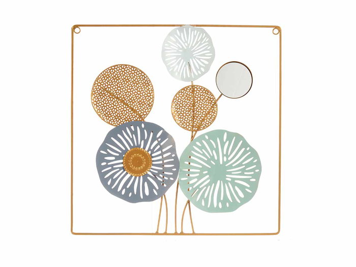 Giftdecor Mural Cadre Carré Fleurs et Miroir Métal Verre 45x45x2 cm (Set de 4)