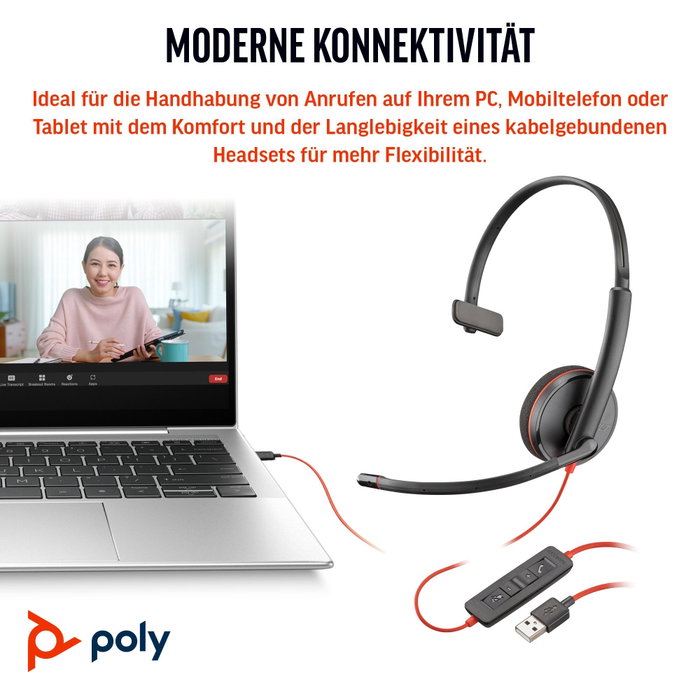 Poly Blackwire 3210 Casque Monaural USB-C avec adaptateur USB-C/A Noir