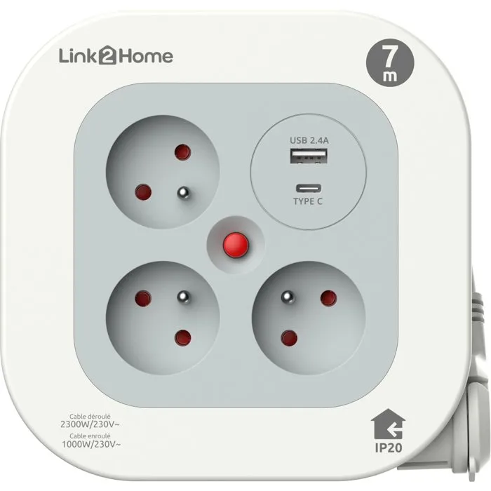 Link2Home Enrouleur multiprise compact - 3 prises + USB A+C - 7 m Link2Home Enrouleur multiprise compact - 3 prises + USB A+C - 7 m