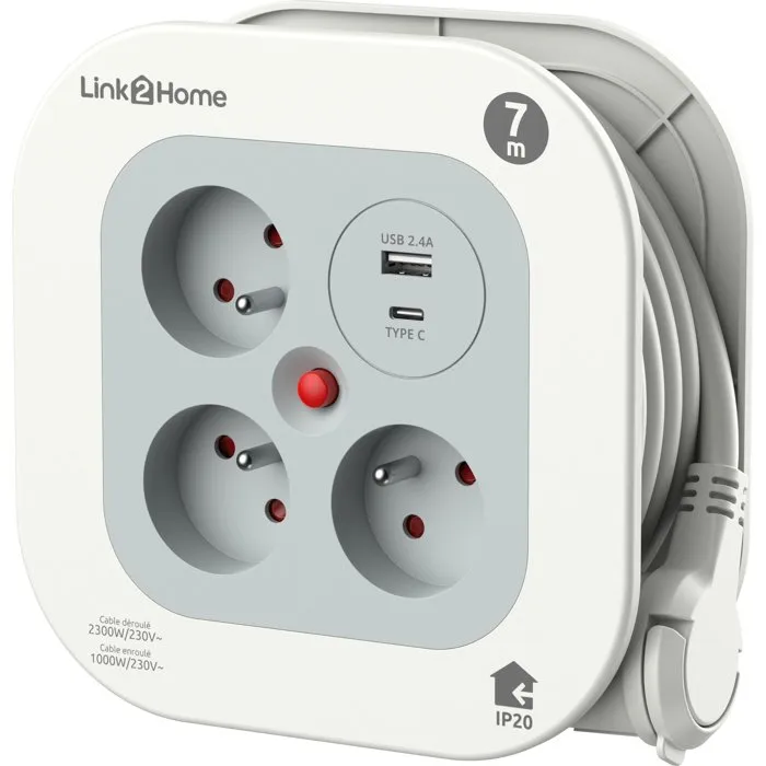 Link2Home Enrouleur multiprise compact - 3 prises + USB A+C - 7 m Link2Home Enrouleur multiprise compact - 3 prises + USB A+C - 7 m
