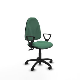 Chaise de bureau Algarra avec mécanisme de contact permanent à double poignée, recouverte de tissu vert émeraude. Équipée d'une base en polyamide noir, d'accoudoirs fixes et de roulettes autobloquantes.