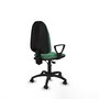 Chaise de bureau Algarra avec mécanisme de contact permanent à double poignée, recouverte de tissu vert émeraude. Équipée d'une base en polyamide noir, d'accoudoirs fixes et de roulettes autobloquantes.