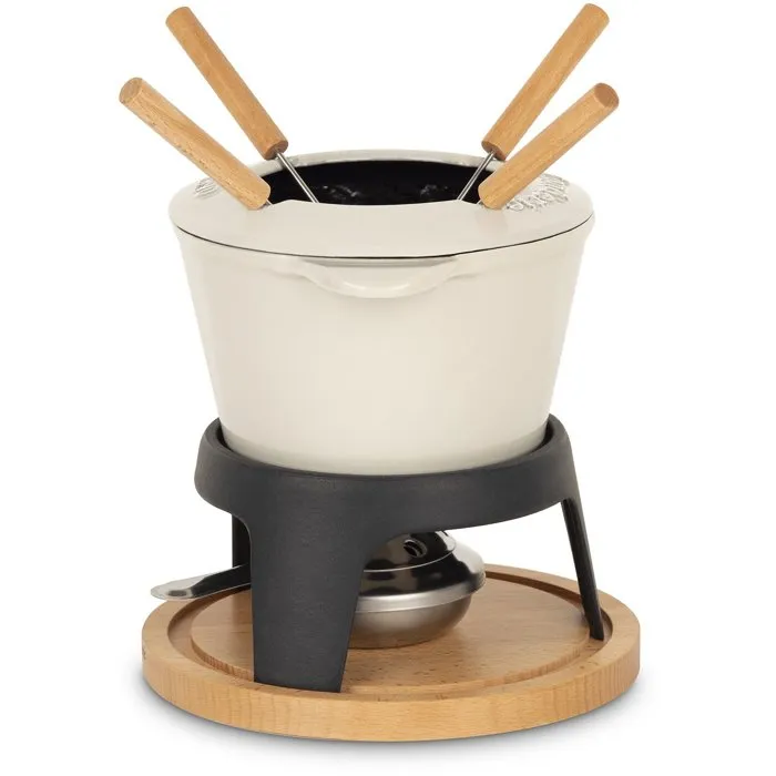 La Fonderie 1890 - Fondue en fonte émaillée Mont Joly 1,2 L pour 4 personnes, socle bois, couvercle anti-éclaboussures, compatible induction