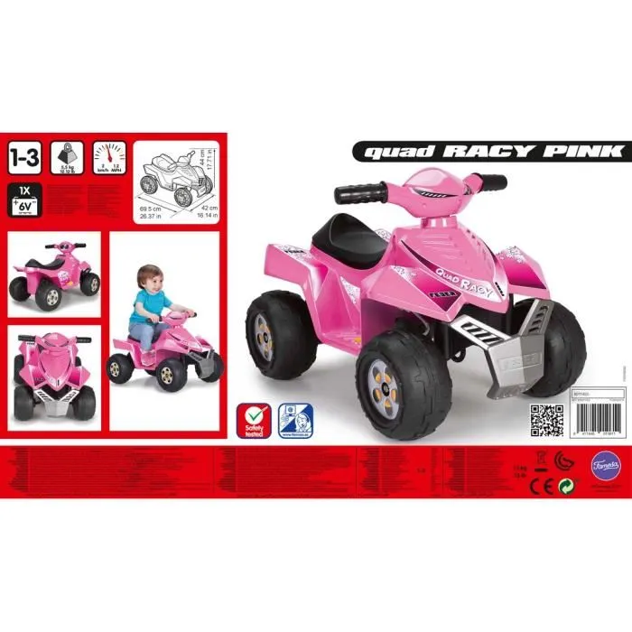 Feber - Quad Électrique pour Enfant 6V Racy Rose - Véhicule à Pédale 2 km/h, à Partir de 18 Mois - Avec Batterie et Chargeur