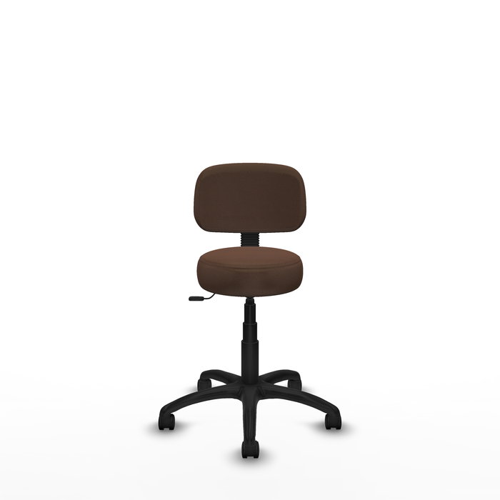 Chaise de bureau Llanos avec mécanisme Contact Lama, rembourrée de tissu marron foncé. Équipée d'une base en polyamide noir, sans accoudoirs et de roulettes en nylon de 50 mm.