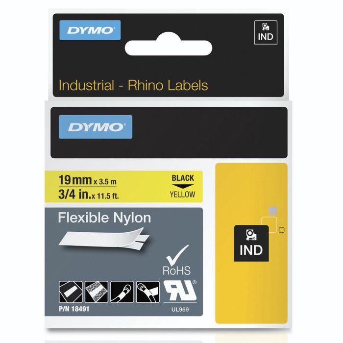 Dymo Rhino ruban en nylon flexible noir sur jaune 19mm x 3,5m Dymo Rhino ruban en nylon flexible noir sur jaune 19mm x 3,5m