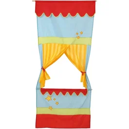 Roba - Théâtre de marionnettes de porte à suspendre, décor cirque en tissu, rouge et jaune