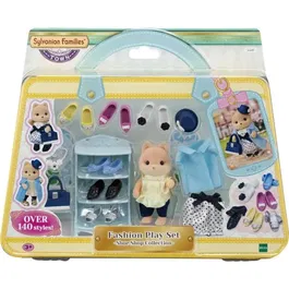 Sylvanian Families Valisette de Mode Grande Soeur Chien Caramel Figurine Miniature avec Vêtements et Accessoires pour Créer des Tenues et Étagère de Rangement