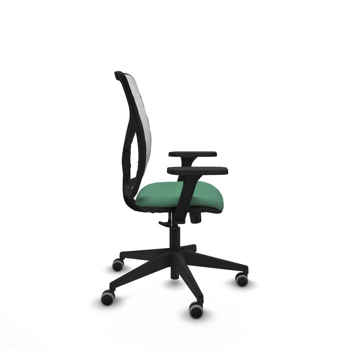 Chaise Motilla Synchro 3 positions tissu Vert émeraude Maille Blanc Base pyramidale noire Accoudoir 3D Sans appui-tête Roulettes 65mm pour moquette