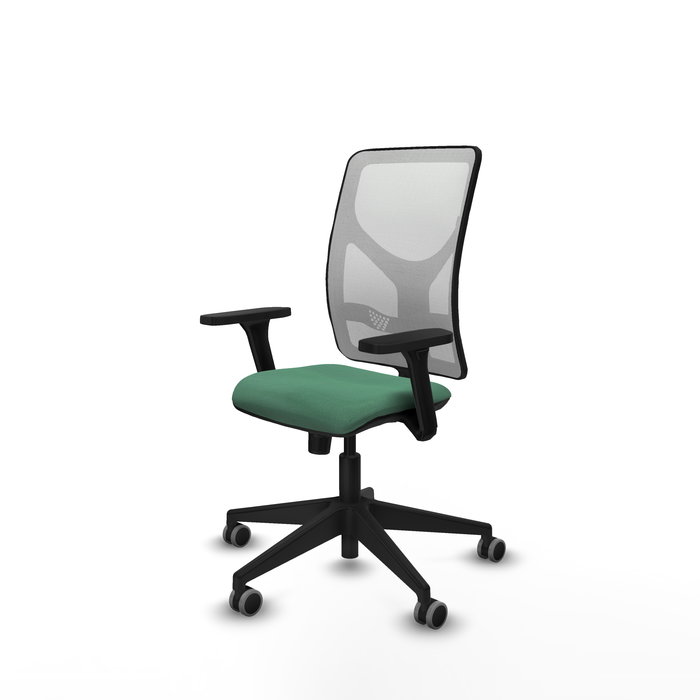 Chaise Motilla Synchro 3 positions tissu Vert émeraude Maille Blanc Base pyramidale noire Accoudoir 3D Sans appui-tête Roulettes 65mm pour moquette