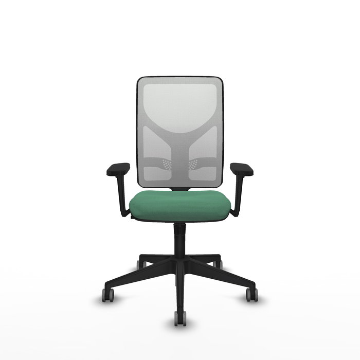Chaise Motilla Synchro 3 positions tissu Vert émeraude Maille Blanc Base pyramidale noire Accoudoir 3D Sans appui-tête Roulettes 65mm pour moquette
