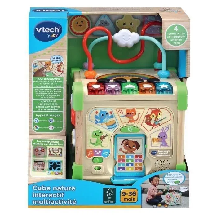 VTech Baby Cube Nature - Jouet d'éveil en bois FSC pour bébé 9-36 mois - Cube musical interactif avec animaux et 5 activités de motricité