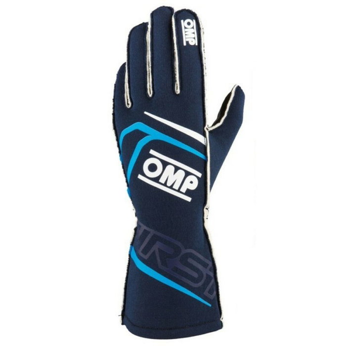 OMP Gants First FIA 8856-2018 MY2025 Bleu marine / Cyan Taille L