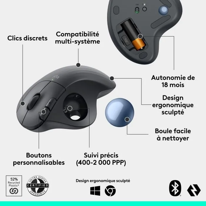 Logitech ERGO M575S Souris ergonomique sans fil vertical Graphite, précision optique, connexion USB