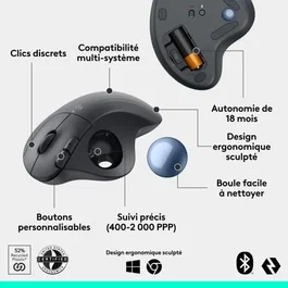 Logitech ERGO M575S Souris ergonomique sans fil vertical Graphite, précision optique, connexion USB